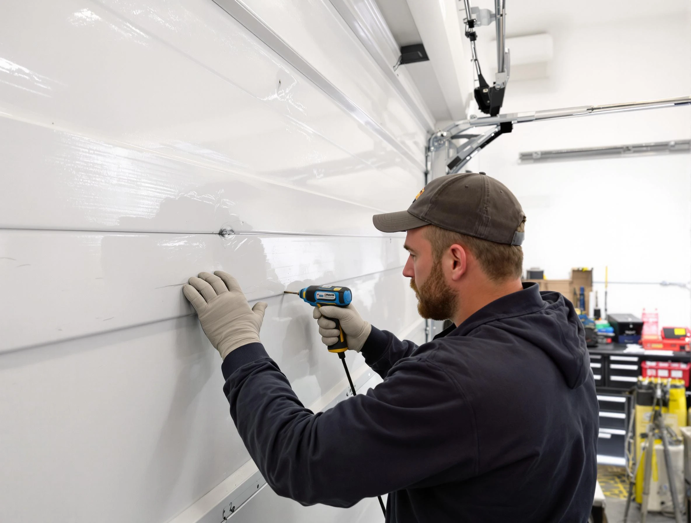 Sylacauga Garage Door Repair technician demonstrating precision dent removal techniques on a Sylacauga garage door